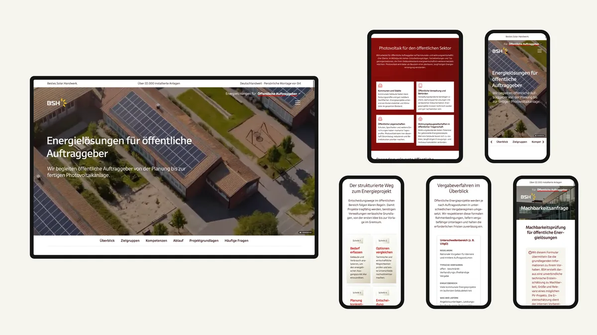 Microsite auf Desktop, Tablet und vier Smartphones flach auf Sand angeordnet: Startseite, Zielgruppen, Ablauf, Vergabeverfahren und Machbarkeitsprüfung