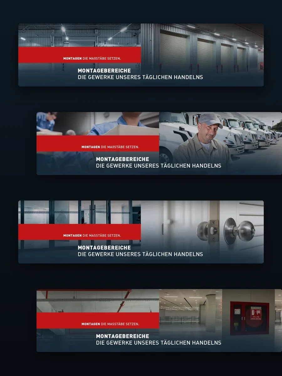 Die vier Header der Montagebereiche Tormontage, Verladesysteme, Türenmontage und Brandschutzsysteme untereinander