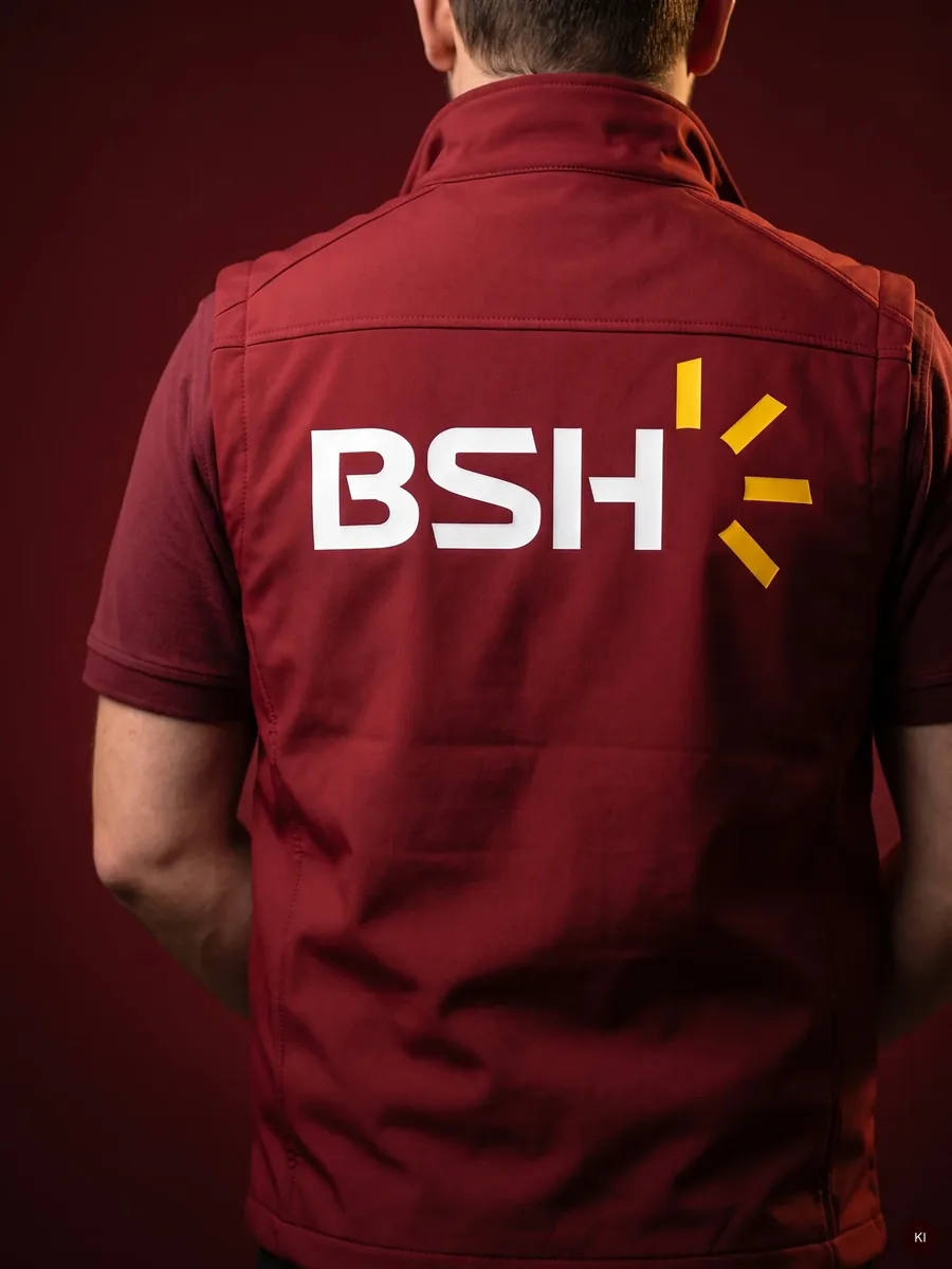 Visualisierung: Standpersonal in roter Arbeitsweste mit BSH-Logo auf dem Rücken