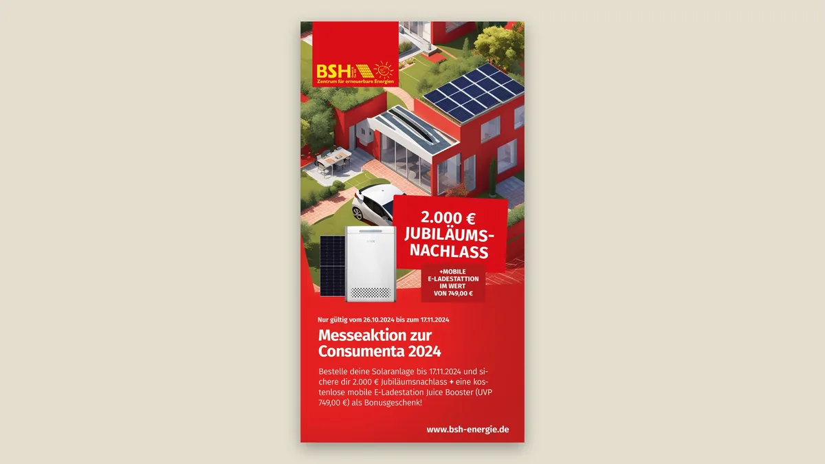 Erster Entwurf der Vorderseite des Consumenta-Flyers mit isometrischem rotem Haus
