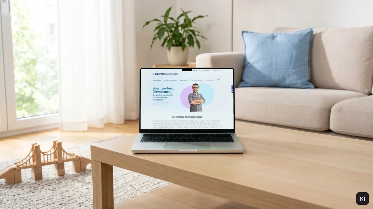 Laptop auf einem Holztisch im hellen Wohnzimmer, auf dem Display die Website Brucker Versicherungen, KI-Szene mit echtem Screen