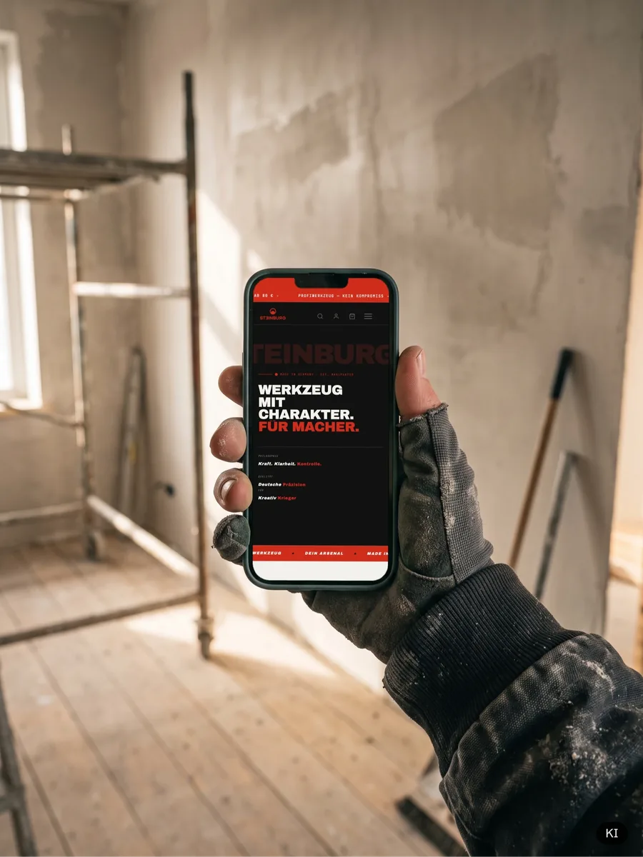 Smartphone mit der mobilen Startseite von steinburg.store in der Hand eines Handwerkers (KI-Bild)