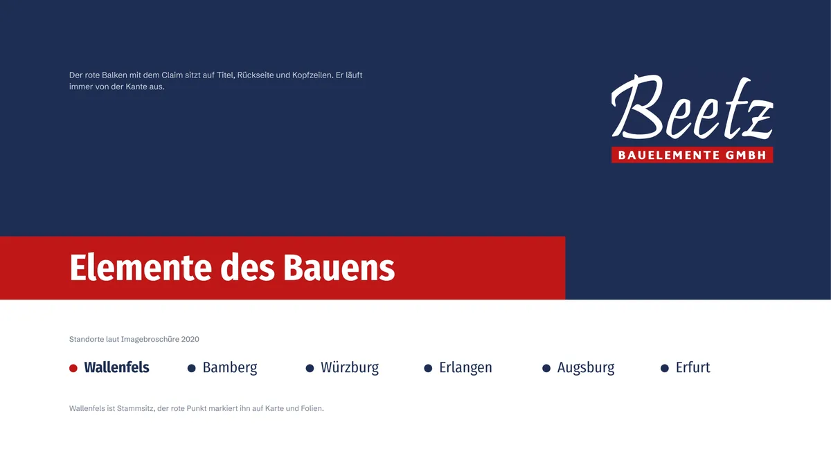 Roter Claim-Balken Elemente des Bauens auf Dunkelblau, darunter die sechs Standorte