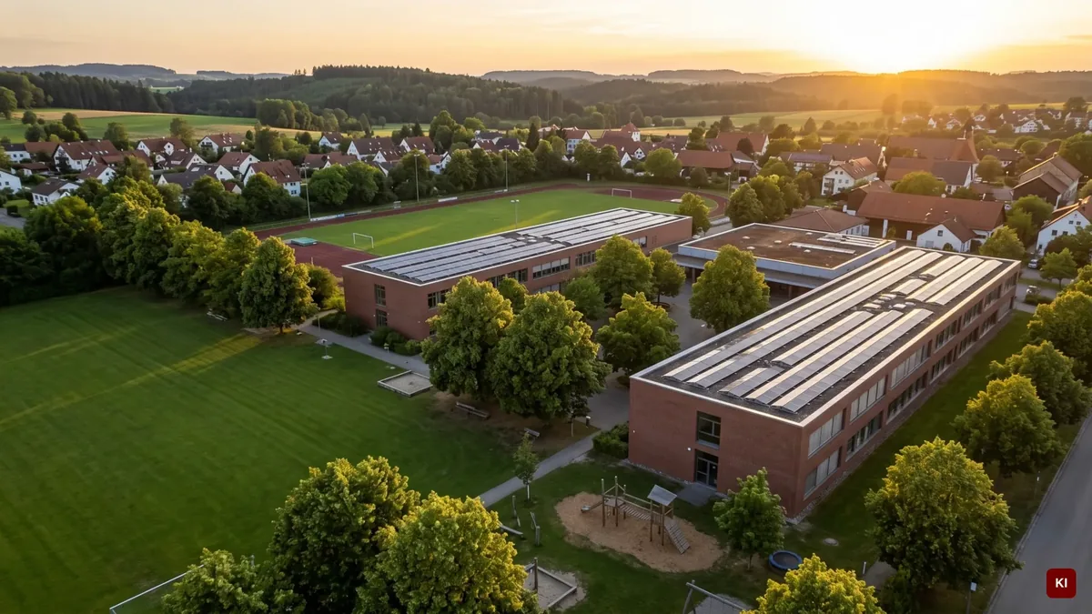 Schulgelände mit Photovoltaik auf den Flachdächern im Abendlicht, KI-unterstützt