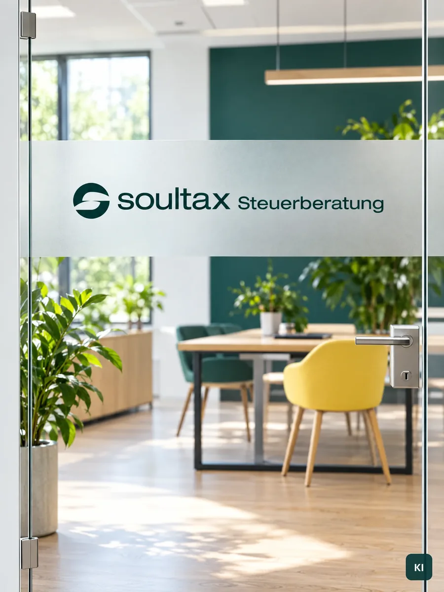 Glastür mit milchiger Folie und Logo soultax Steuerberatung, dahinter ein heller Besprechungsraum mit Petrol-Wand (KI-Visualisierung, Weiterbau)
