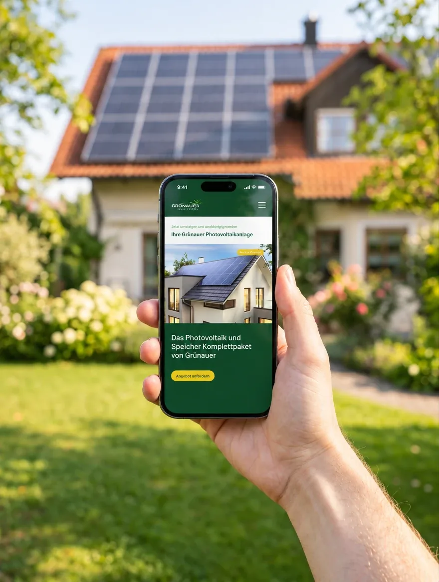Hand hält ein Smartphone im Garten vor einem Haus mit Photovoltaik-Dach, auf dem Display die Startseite von Grünauer Neue Energie (KI-Bild)
