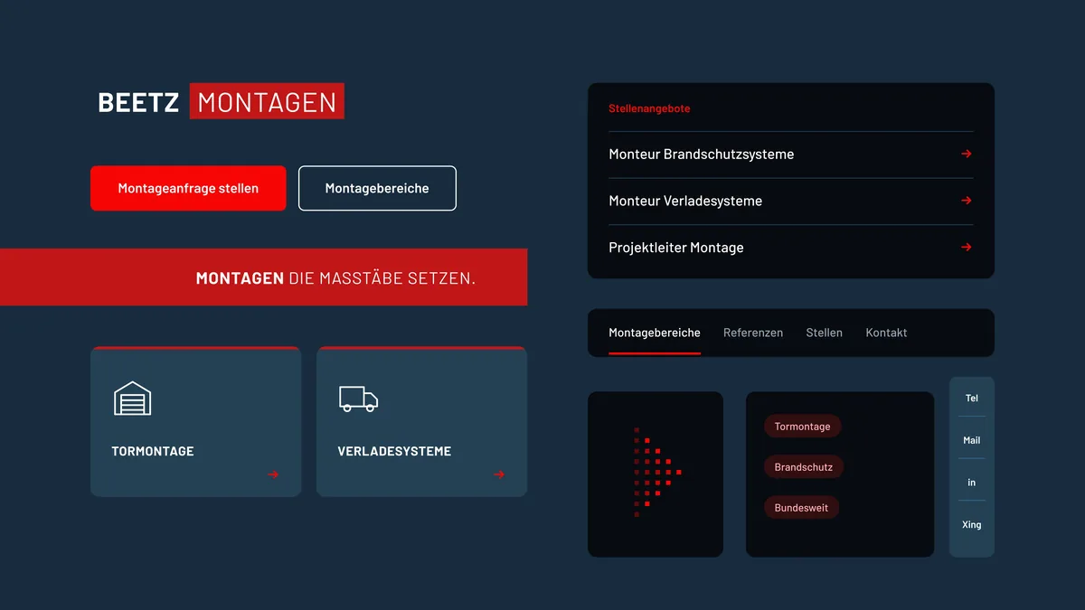 UI-Komposition: Buttons, roter Claim-Balken, Bereichskarten, Stellenliste, Navigation und Kontaktleiste von BEETZ Montagen