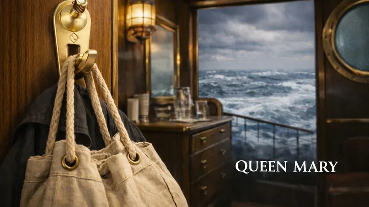 Goldener FLOREAT-Haken in einer Kabine der Queen Mary mit Segeltuchtasche und Blick aufs Meer