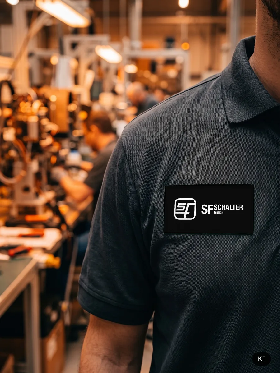 Polo mit SF-Schalter-Patch (KI-Szene, Logo eingesetzt)