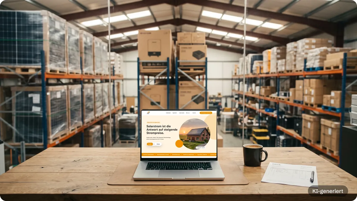 Laptop mit der Website im Lager eines Photovoltaik-Großhandels (KI-Bild mit echtem Screen)