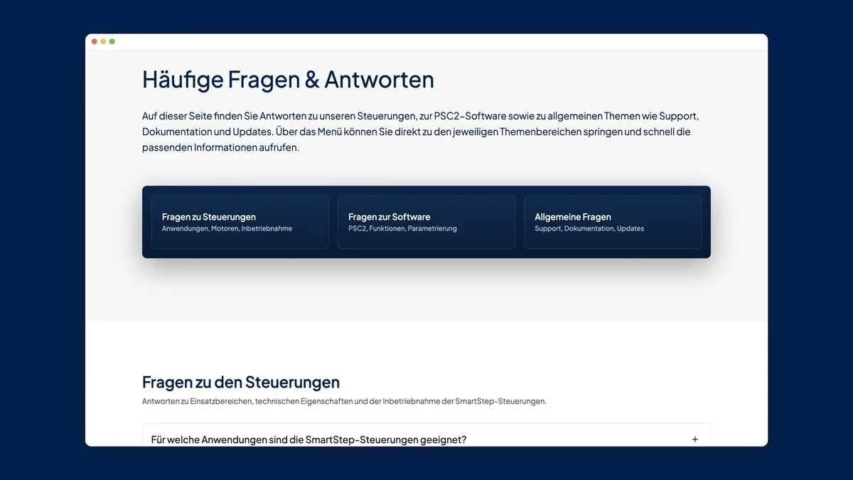 FAQ-Seite des SmartStep-Bereichs mit den Themen Fragen zu Steuerungen, Fragen zur Software und Allgemeine Fragen.