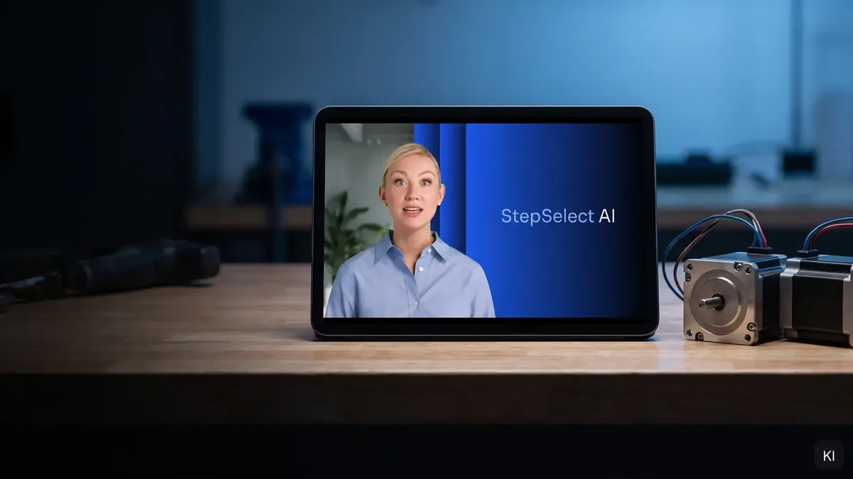 Tablet mit dem StepSelect-AI-Erklärfilm neben zwei Schrittmotoren auf einer Werkbank
