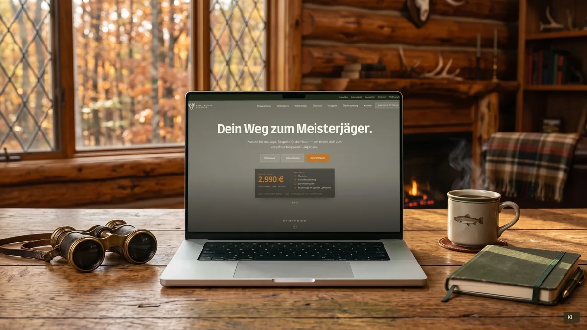 Laptop in einer Jagdhütte mit der Startseite meisterjaegerakademie.de; Szene KI-unterstützt