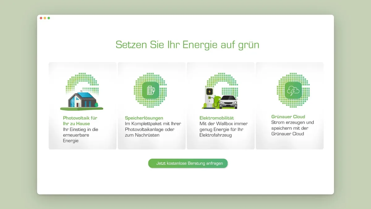 Website-Ausschnitt mit den vier Lösungsfeldern Photovoltaik, Speicher, Elektromobilität und Grünauer Cloud