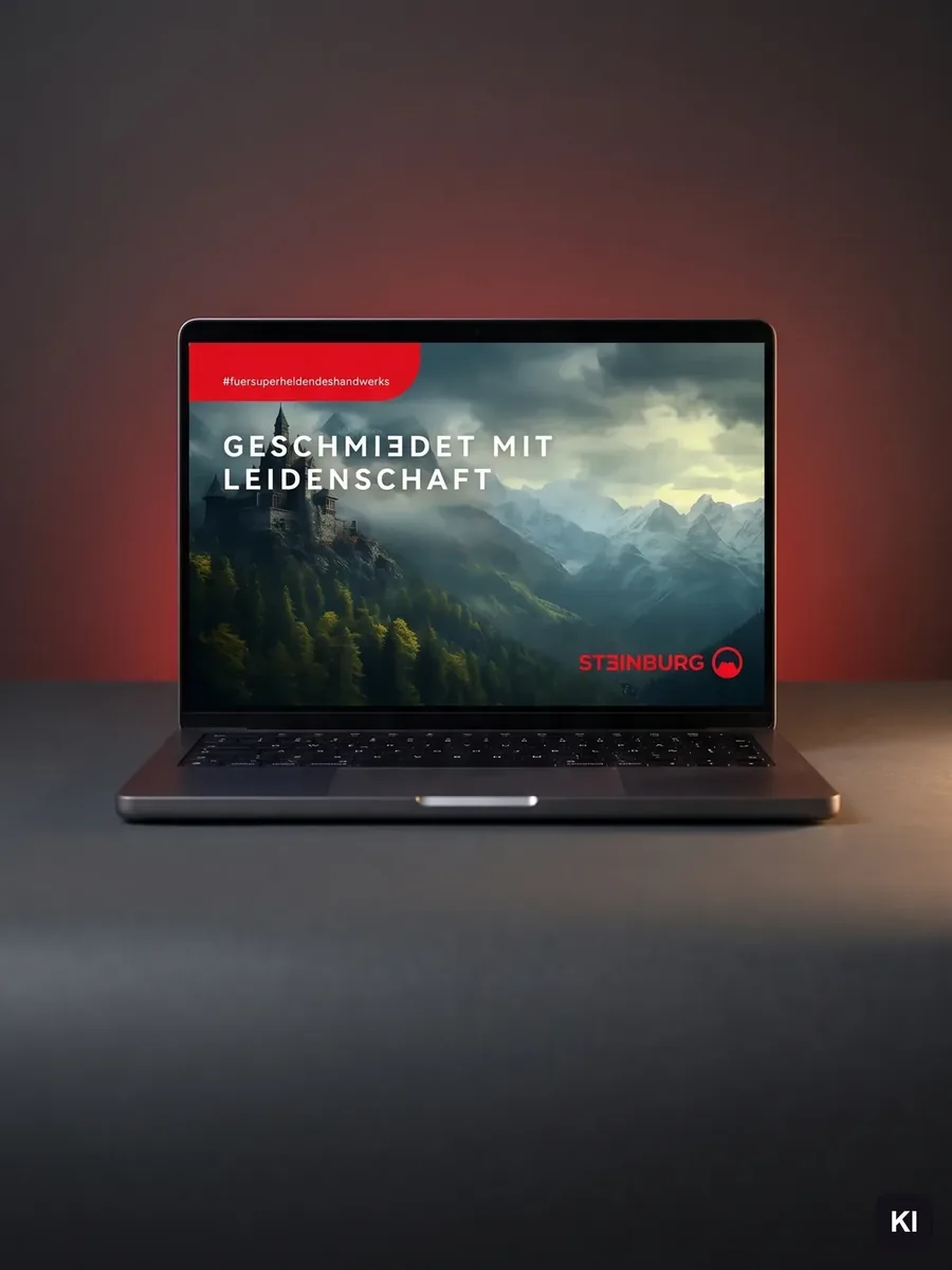 Laptop vor rot ausgeleuchteter Wand, auf dem Bildschirm das Store-Banner Geschmiedet mit Leidenschaft, KI-Szene