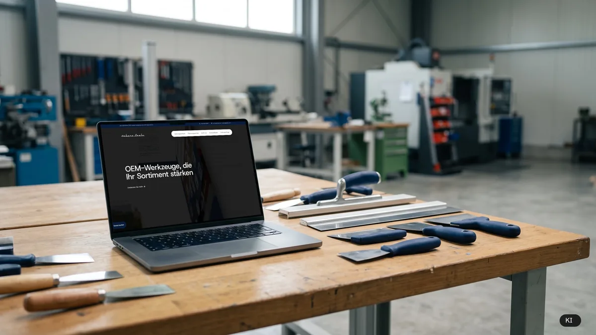 Laptop mit der Startseite der OEM-Plattform auf einer Werkbank in der Fertigung, daneben Spachtel mit blauen Griffen (KI-Bild mit echtem Screen)
