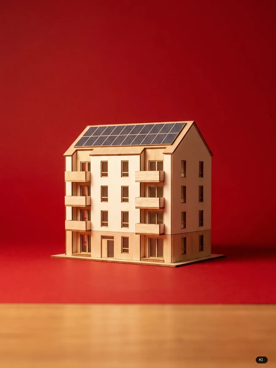 Modell eines Mehrfamilienhauses mit Solardach auf rotem Grund (KI-Bild)