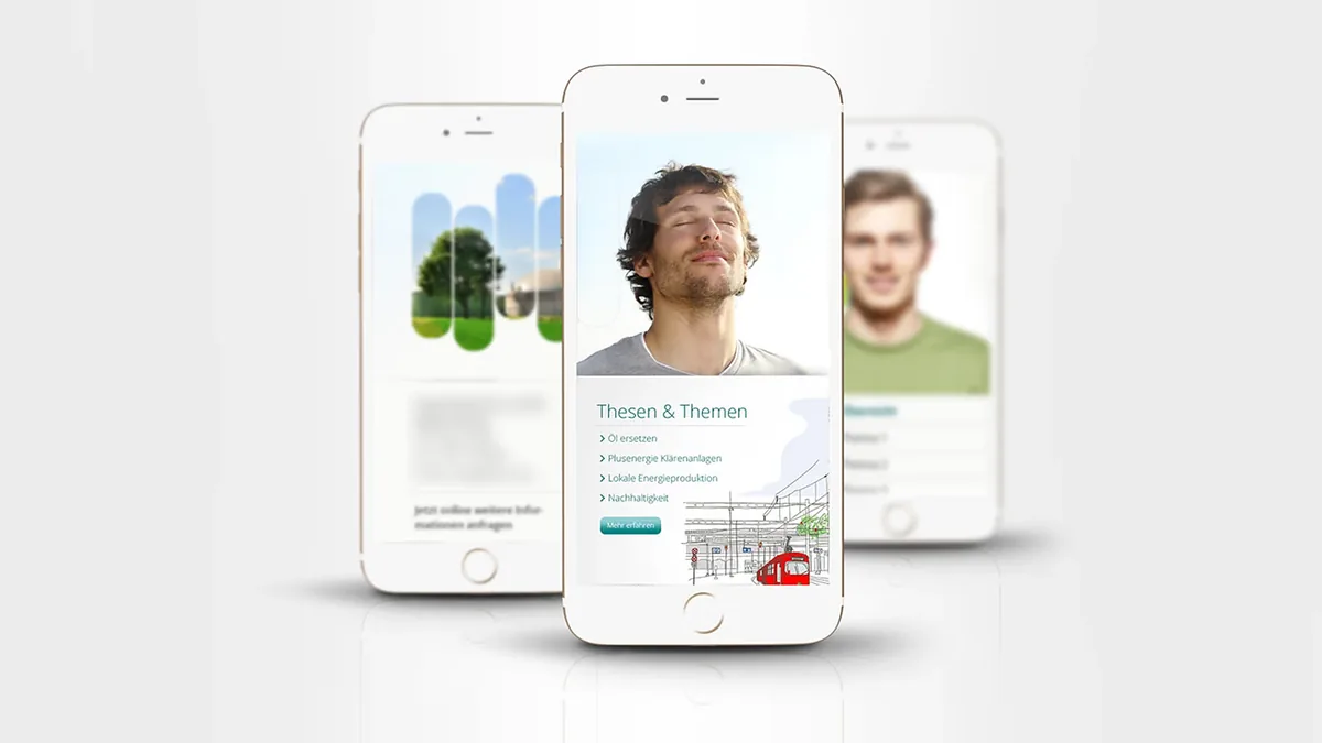 Drei Smartphones zeigen die mobile Ansicht der BIOH2-Umwelt-Website