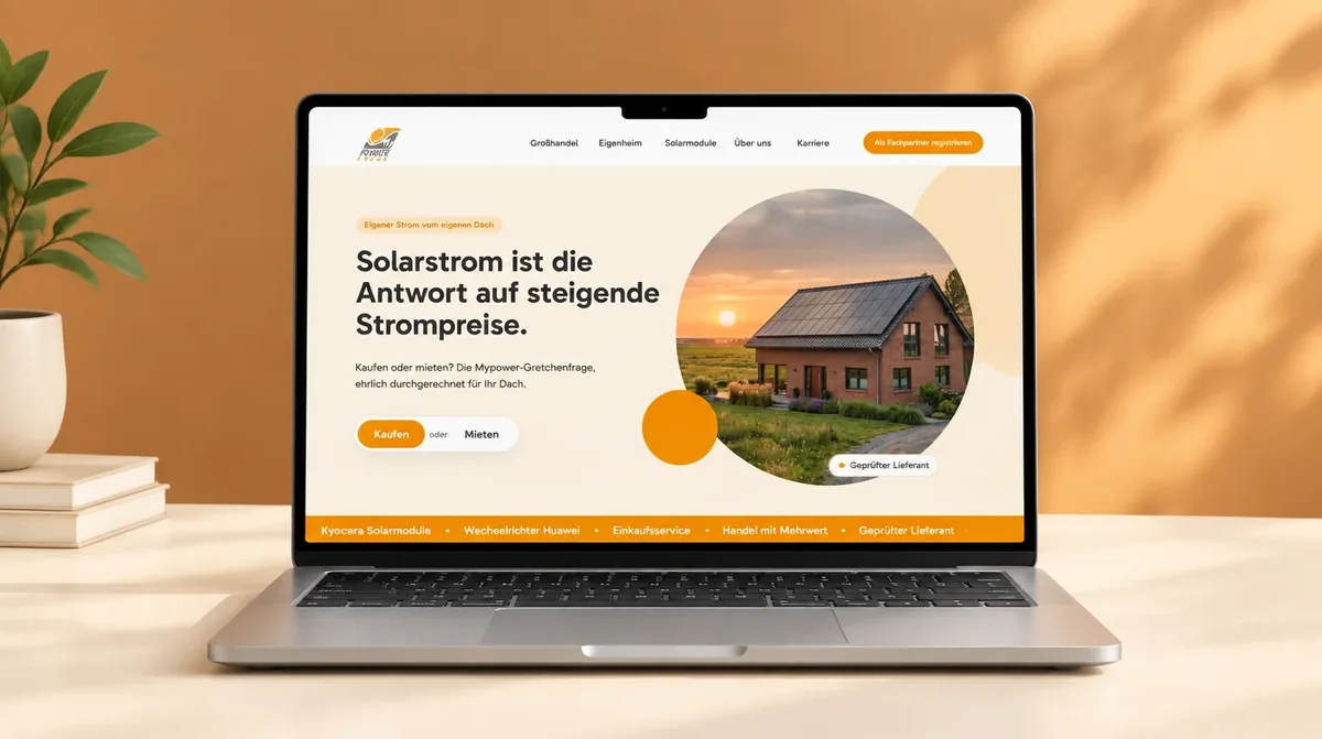 Laptop mit der Startseite von My Power Solar vor orangefarbener Wand (KI-Bild)