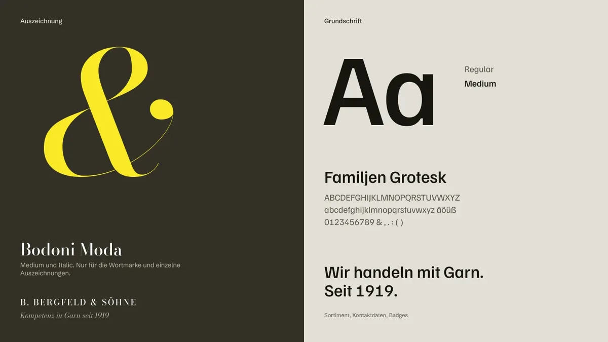 Schriften: Bodoni Moda für die Wortmarke, Familjen Grotesk als Grundschrift