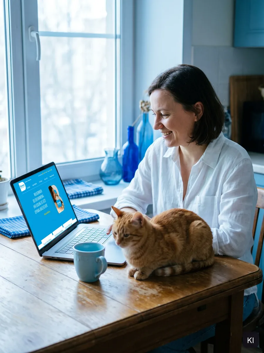 Lächelnde Frau am Küchentisch, neben dem Laptop mit der Welcome Page für Katzen sitzt eine rote Katze (KI-Szene, Screen echt)