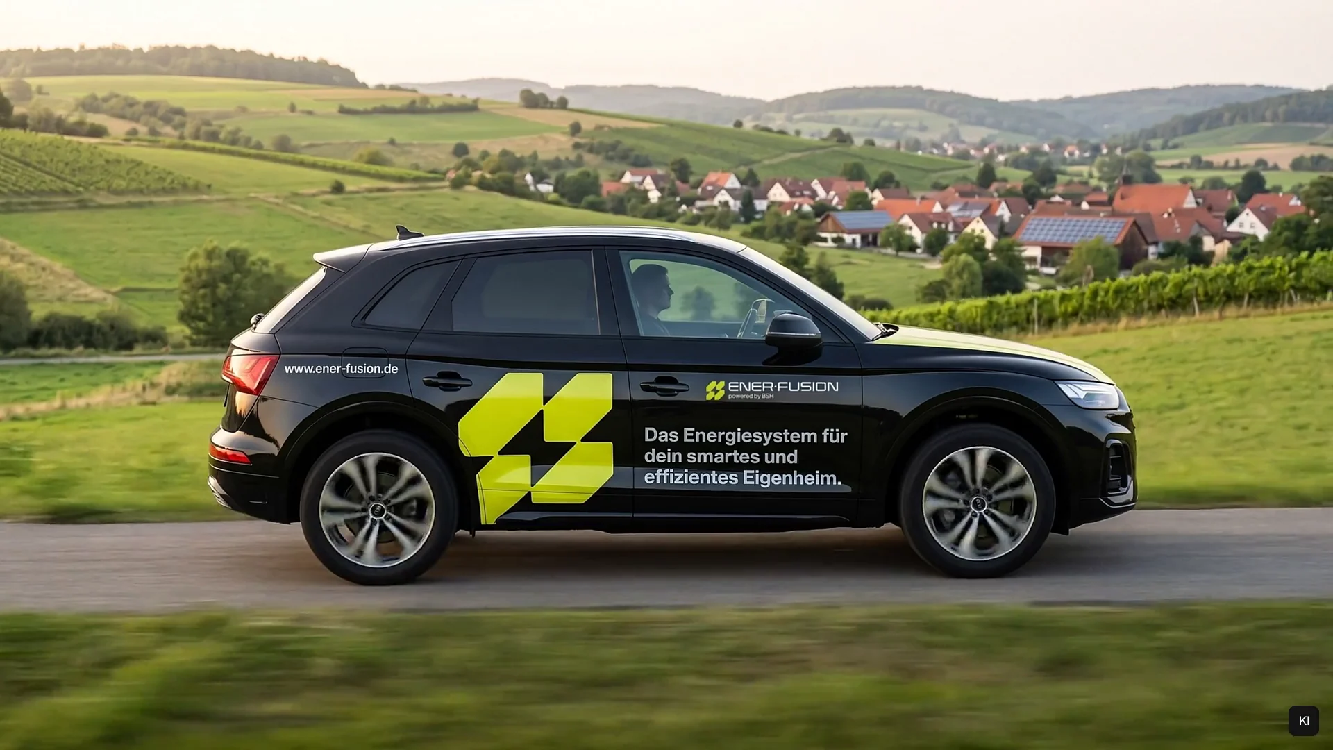 Schwarzer Audi Q5 mit großer grüner Bildmarke und der Zeile »Das Energiesystem für dein smartes und effizientes Eigenheim« fährt über eine Landstraße, im Hintergrund Hügel und ein Dorf. KI-unterstützte Visualisierung auf Basis der Beschriftungsentwürfe.