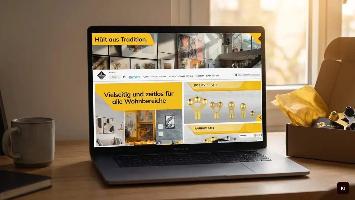 Laptop mit dem FLOREAT Brand Store auf einem Holztisch, daneben ein geöffneter Karton mit Haken