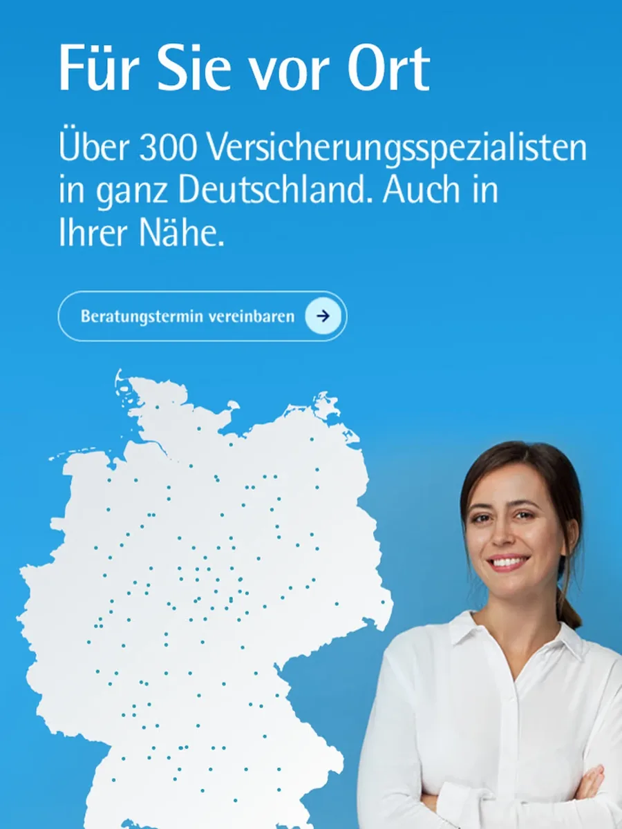 Mobiler Abschnitt Für Sie vor Ort: Deutschlandkarte aus Punkten, Beraterin, Button Beratungstermin vereinbaren