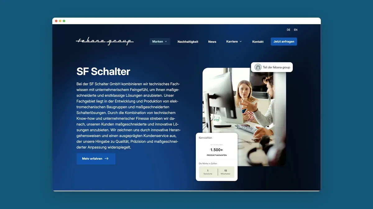 Markenseite SF Schalter mit Hero-Bereich, Mitarbeiterin am Bildschirm und Kennzahlenkarte