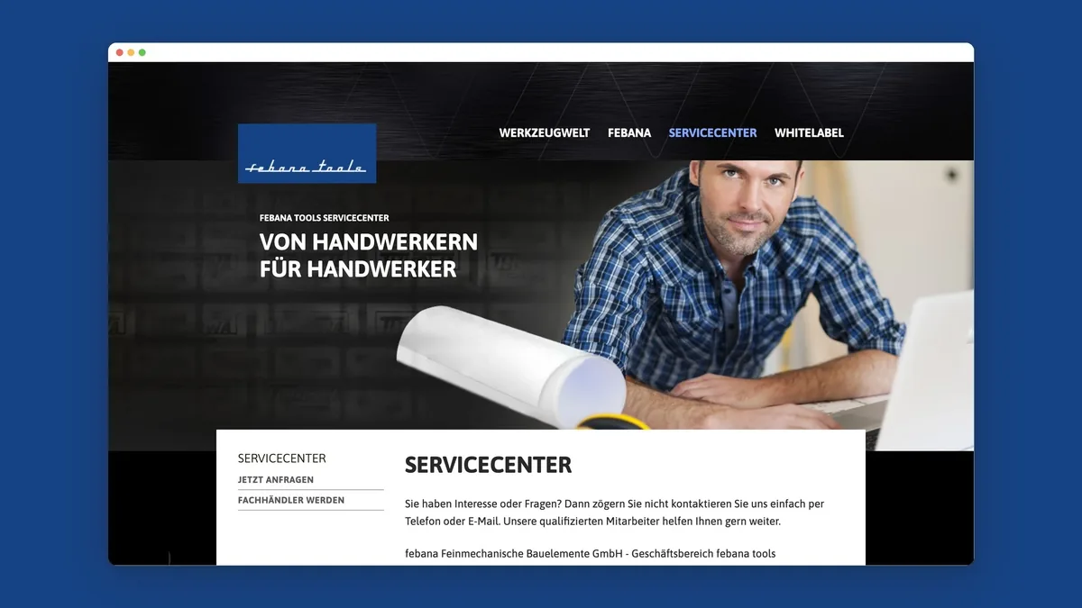 Servicecenter von febana.tools im Browserfenster auf Markenblau