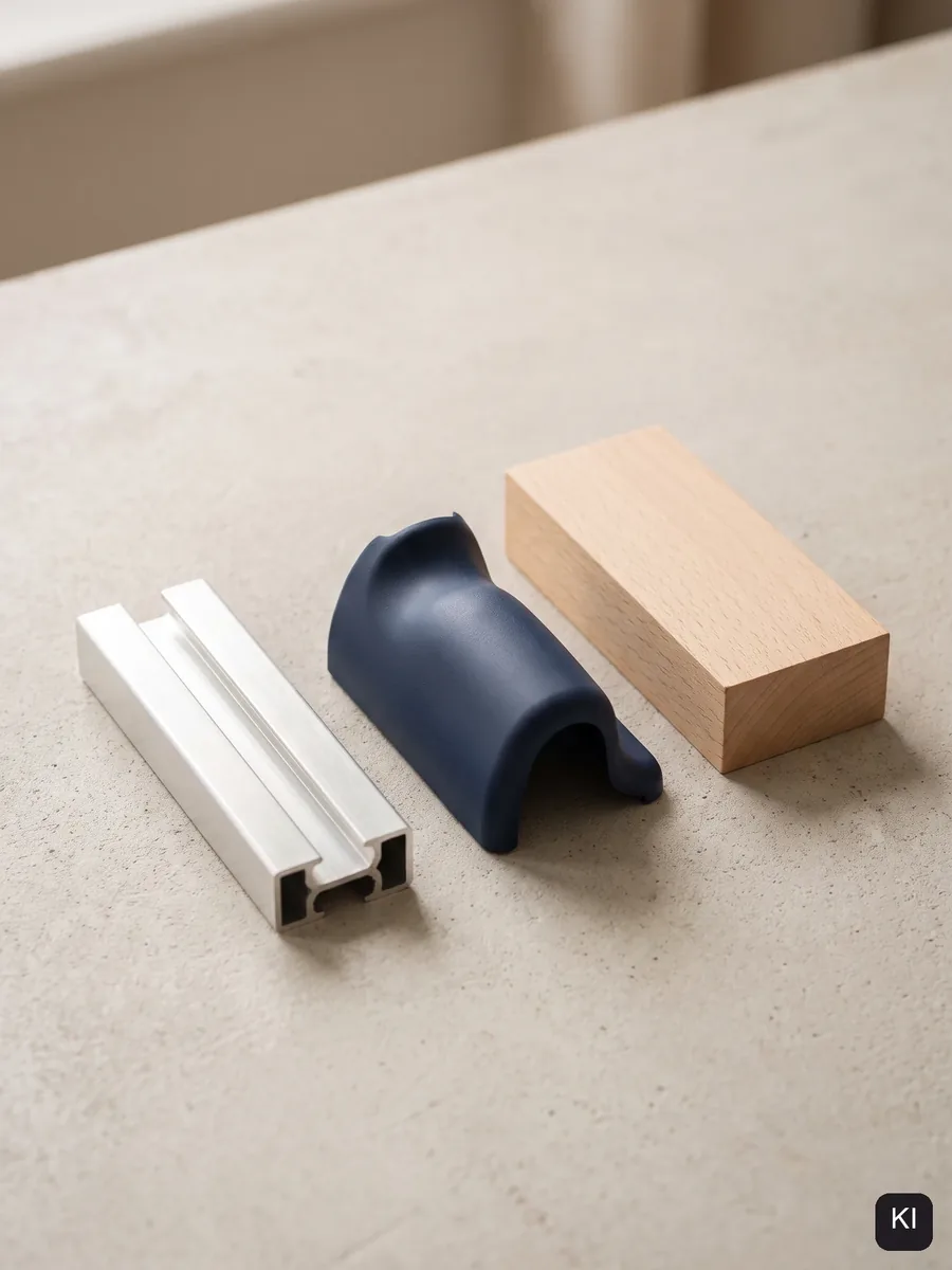 Aluminiumprofil, dunkelblauer Kunststoffgriff und Buchenholz nebeneinander auf Beton (KI-Bild)