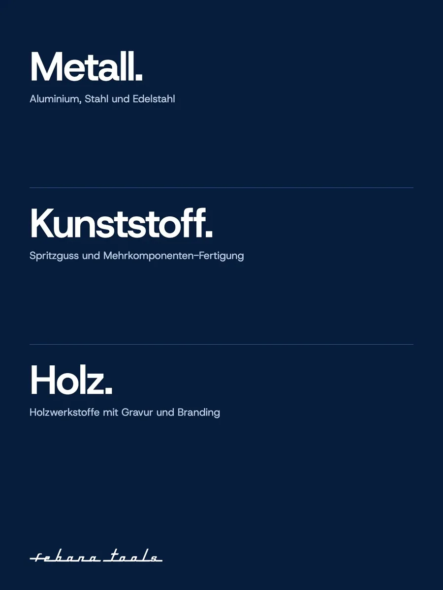 Typo-Tafel Metall. Kunststoff. Holz. mit den drei Fertigungsverfahren
