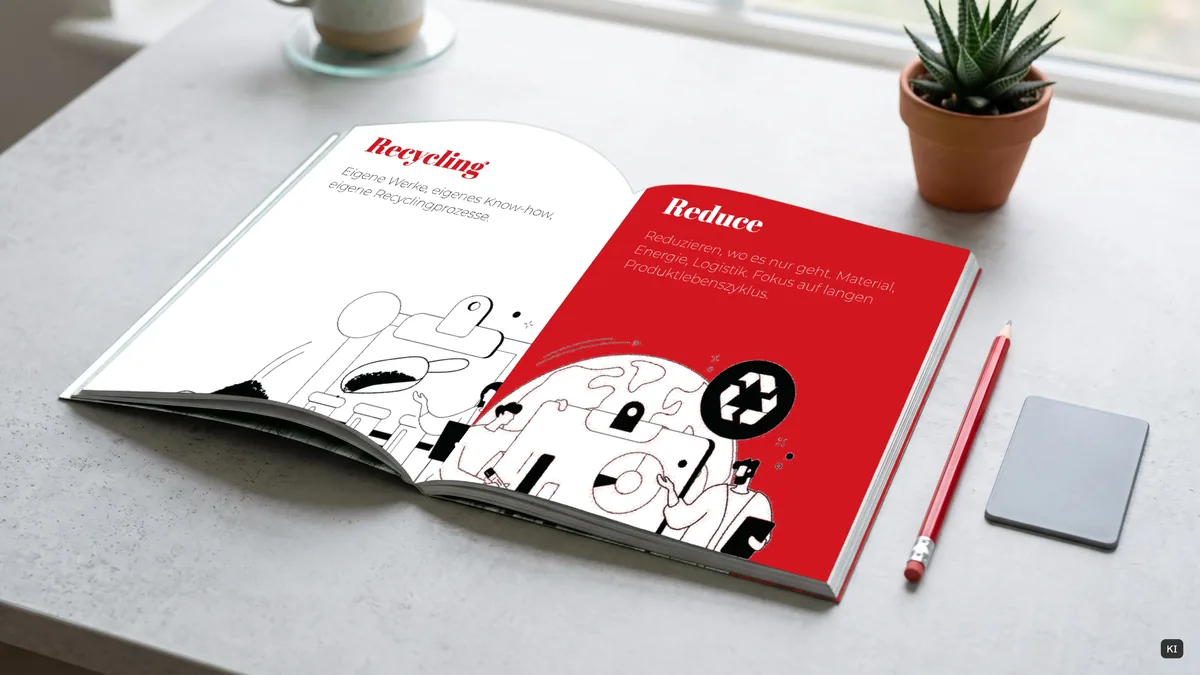 Manual aufgeschlagen, Prinzipien Recycling und Reduce, KI-Mockup