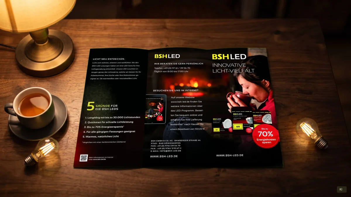 Aufgeklappter DIN-lang-Flyer BSH LED auf einem Holztisch mit Tischlampe, Tee und LED-Birnen; Szene KI-unterstützt