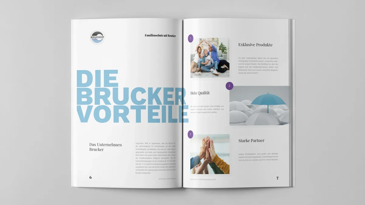 Kundenmagazin, Doppelseite Die Brucker Vorteile mit großer Headline in Signalblau
