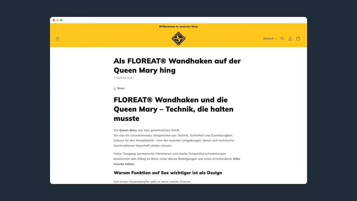 Blogbeitrag Als FLOREAT Wandhaken auf der Queen Mary hing im Browserfenster