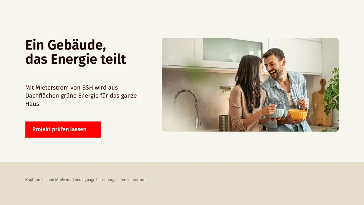 Kernaussage der Landingpage: Ein Gebäude, das Energie teilt, mit Motiv und rotem Button