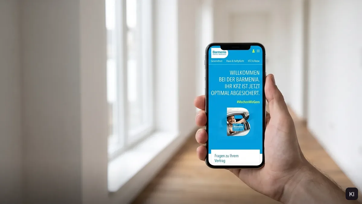 Hand hält ein Smartphone mit der Welcome Page Kfz in einem hellen Flur (KI-Szene, Screen aus dem Projekt)