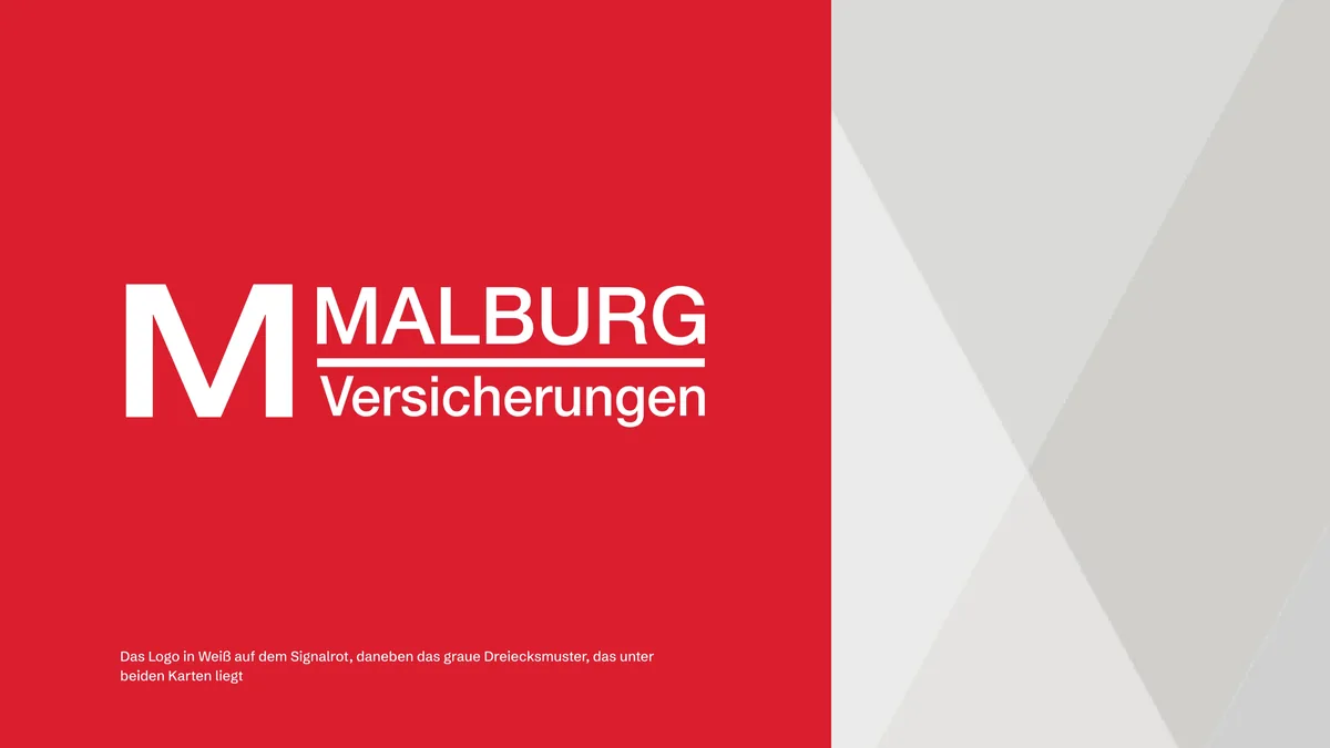 Malburg-Logo weiß auf Signalrot, rechts das graue Dreiecksmuster der Karten