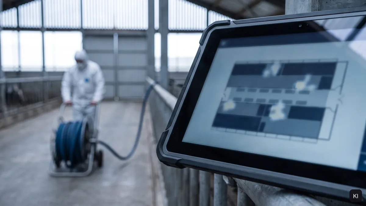 Ein Tablet am Stallgeländer zeigt einen Grundriss mit markierten Bereichen, dahinter rollt eine Person im Schutzanzug einen Schlauch auf (KI-Visualisierung).