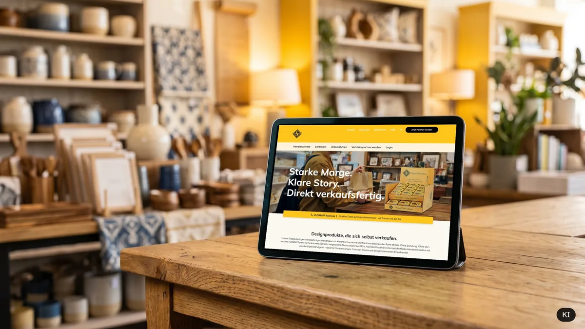 floreat.business auf dem Tablet an der Ladentheke (KI-Szene, echter Screen eingesetzt)