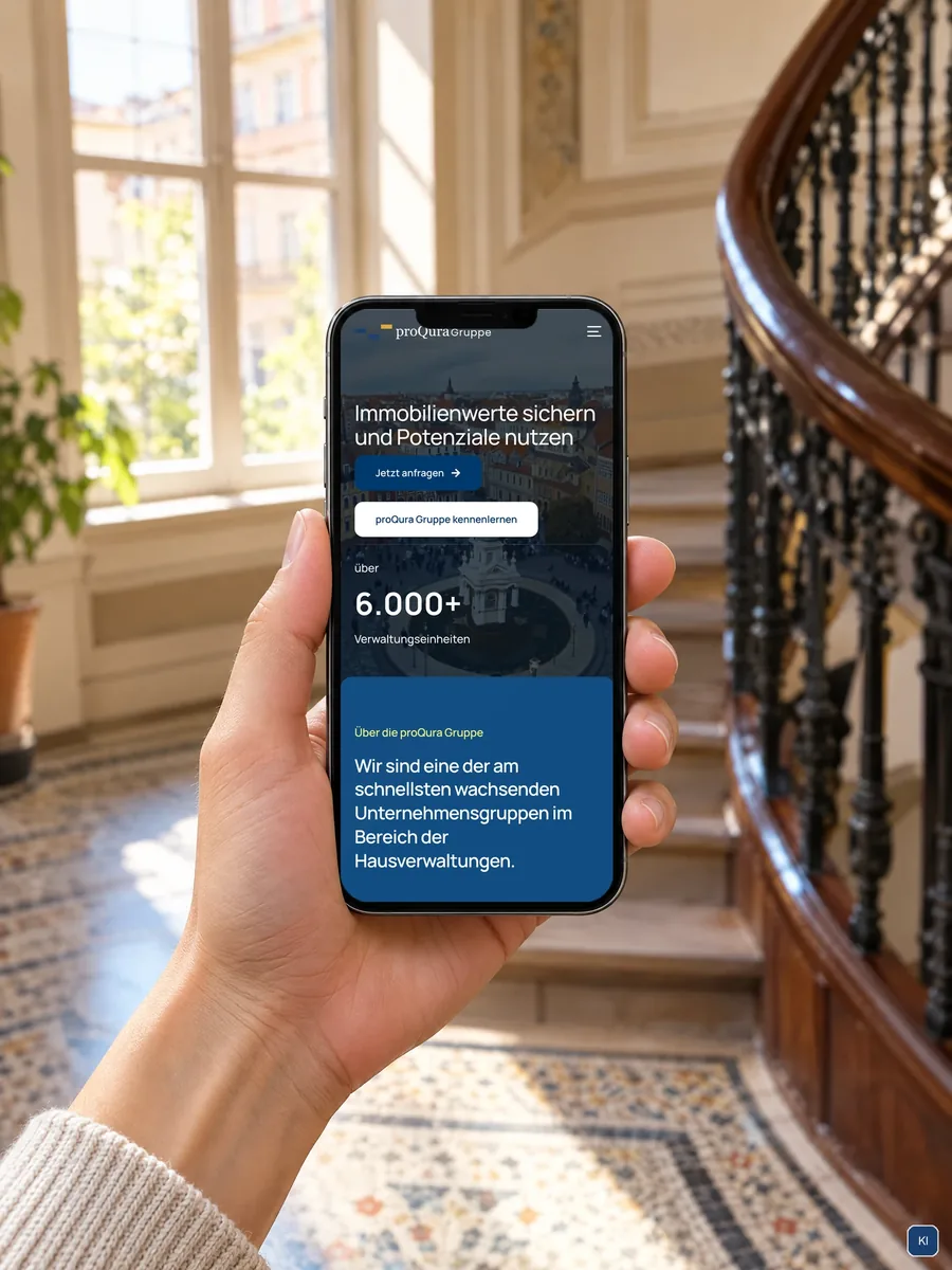 Hand hält im Treppenhaus eines Altbaus ein Smartphone mit der mobilen Startseite der proQura Gruppe. Szene KI-unterstützt, Screen echt.