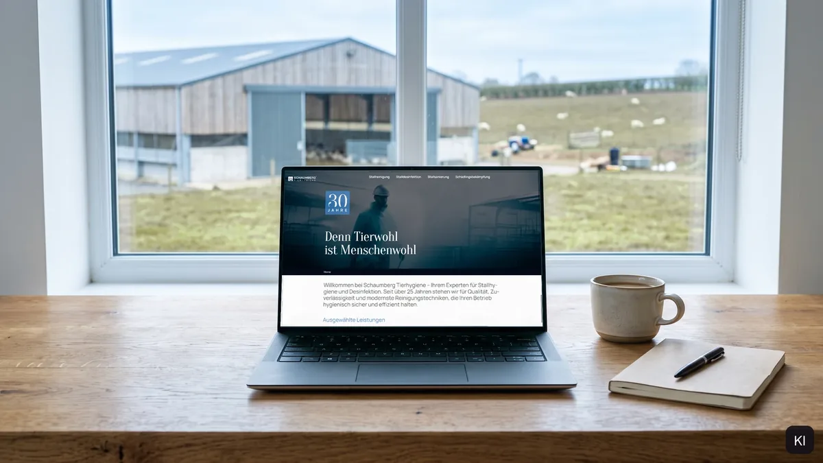 Laptop mit der Schaumberg-Website auf einem Schreibtisch vor einem Stallgebäude, KI-Szene