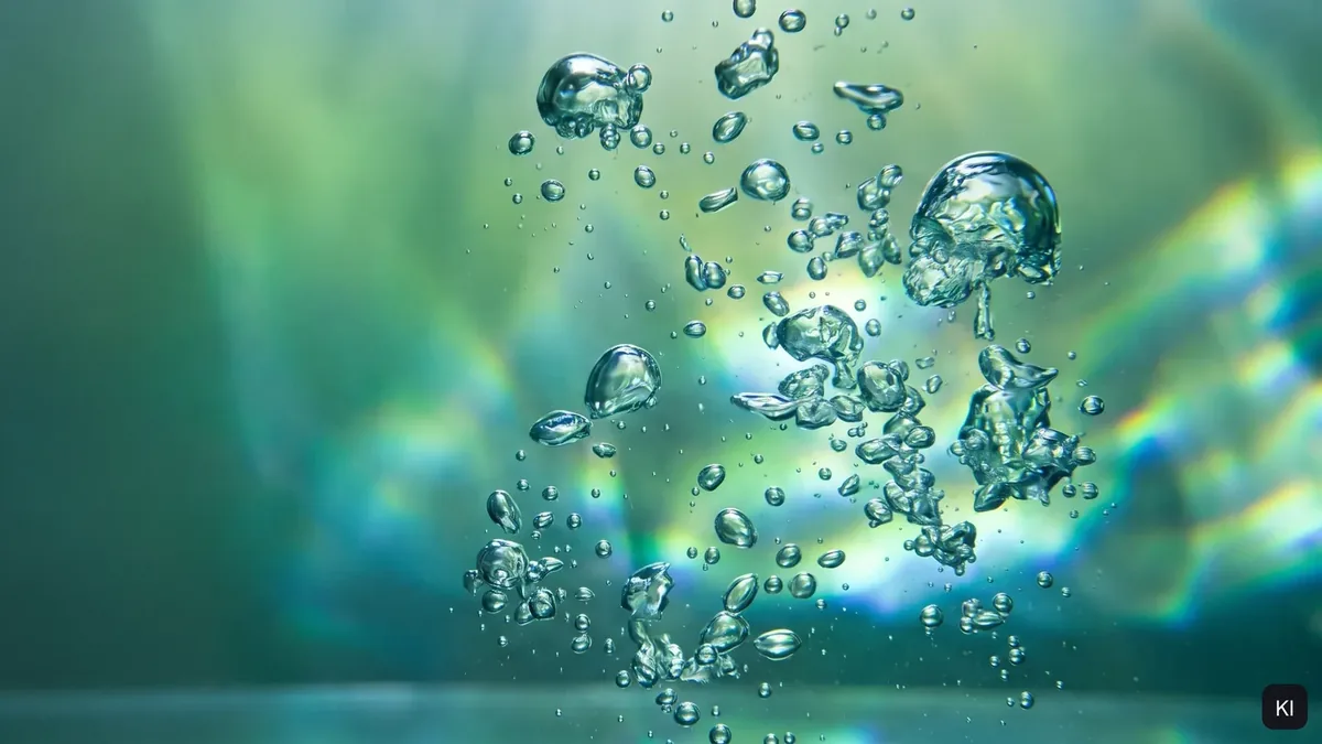 Aufsteigende Wasserblasen in grünem Licht (KI-Bild)