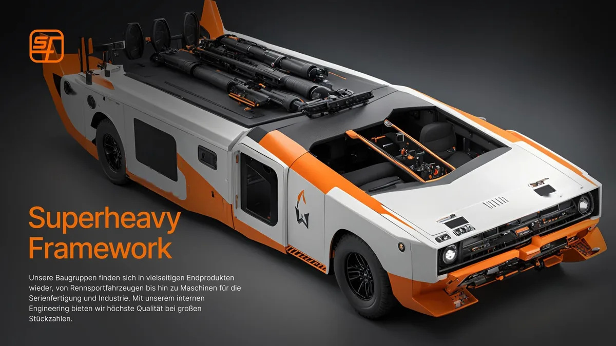 Weiß-oranges Spezialfahrzeug, Motiv Superheavy Framework (KI-Bild)