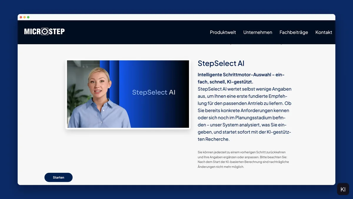 Startseite des StepSelect-Wizards auf microstep-motoren.de mit Erklärfilm und Startknopf