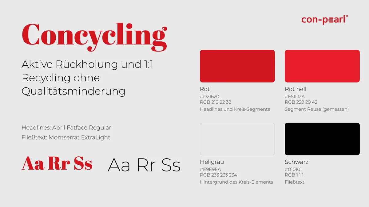Tafel zu Farbe und Schrift: Concycling in Abril Fatface, Text in Montserrat ExtraLight, Farbfelder Rot #D21620, Rot hell #E51D2A, Hellgrau #E9E9EA und Schwarz #010101