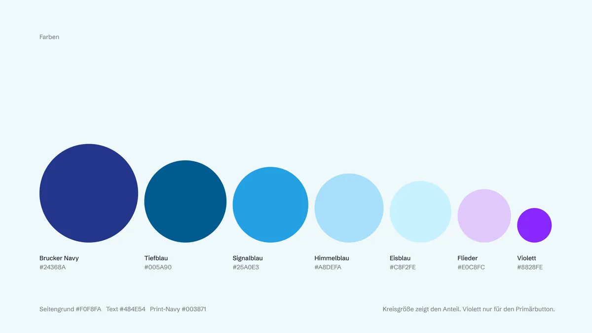 Farbpalette Brucker: Navy, Tiefblau, Signalblau, Himmelblau, Eisblau, Flieder, Violett