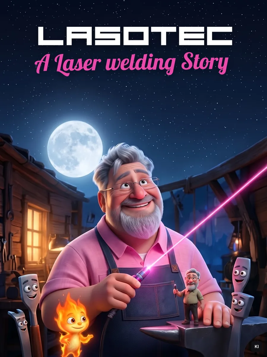 Filmplakat bei Vollmond: Silvio mit pinkem Laserstift vor einer Holzwerkstatt, um ihn ein kleiner Silvio, ein Feuergeist und Werkzeuge mit Gesichtern, oben das Logo LASOTEC.