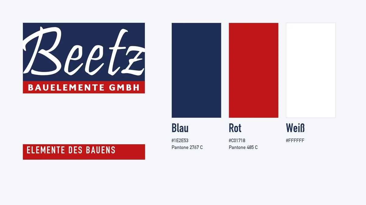 Farbwelt der Marke: Blau 1E2E53, Rot C01718, Weiß, dazu das Logo und der rote Claim-Balken Elemente des Bauens